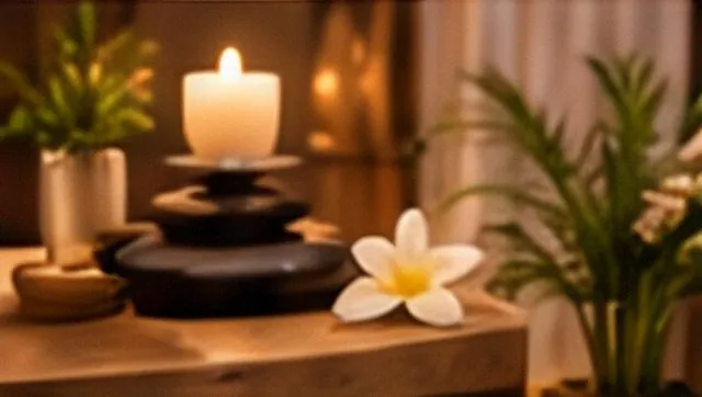 Candle, stones and frangipani in a calm spa corner