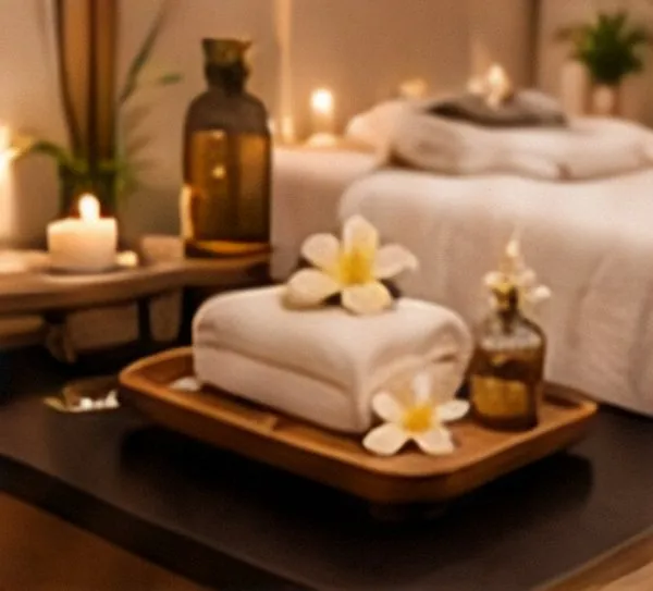 Spa tray with towels, frangipani and body oils