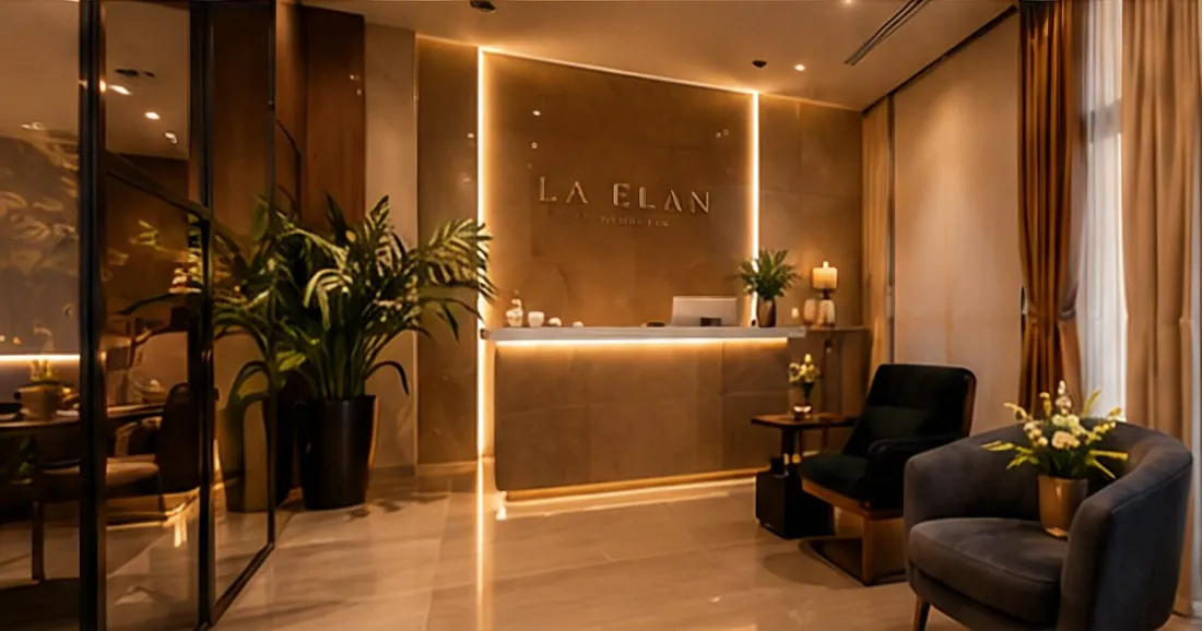 La Elan reception with a lit wall sign and lounge seating